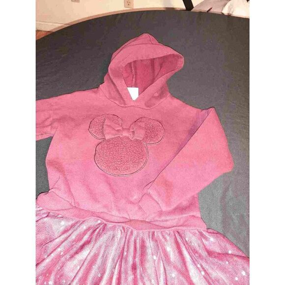 Girls 5T Disney Jr Minnie Mouse Burgandy Silver Metallic Stars Hooded Dress - Picture 2 of 5